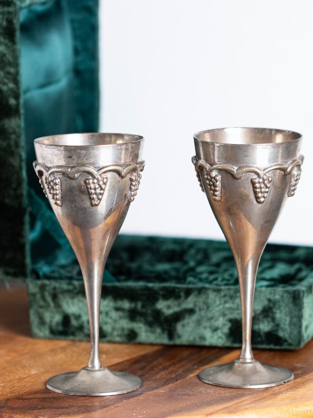 Vintage Brass Wine Glasses with Velvet Box | Set of 2 Metal Goblets | Decorative